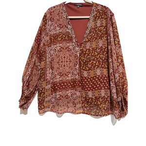 Laurel Gray Peasant career Top Paisley Floral Balloon Sleeve Women's XXL boho